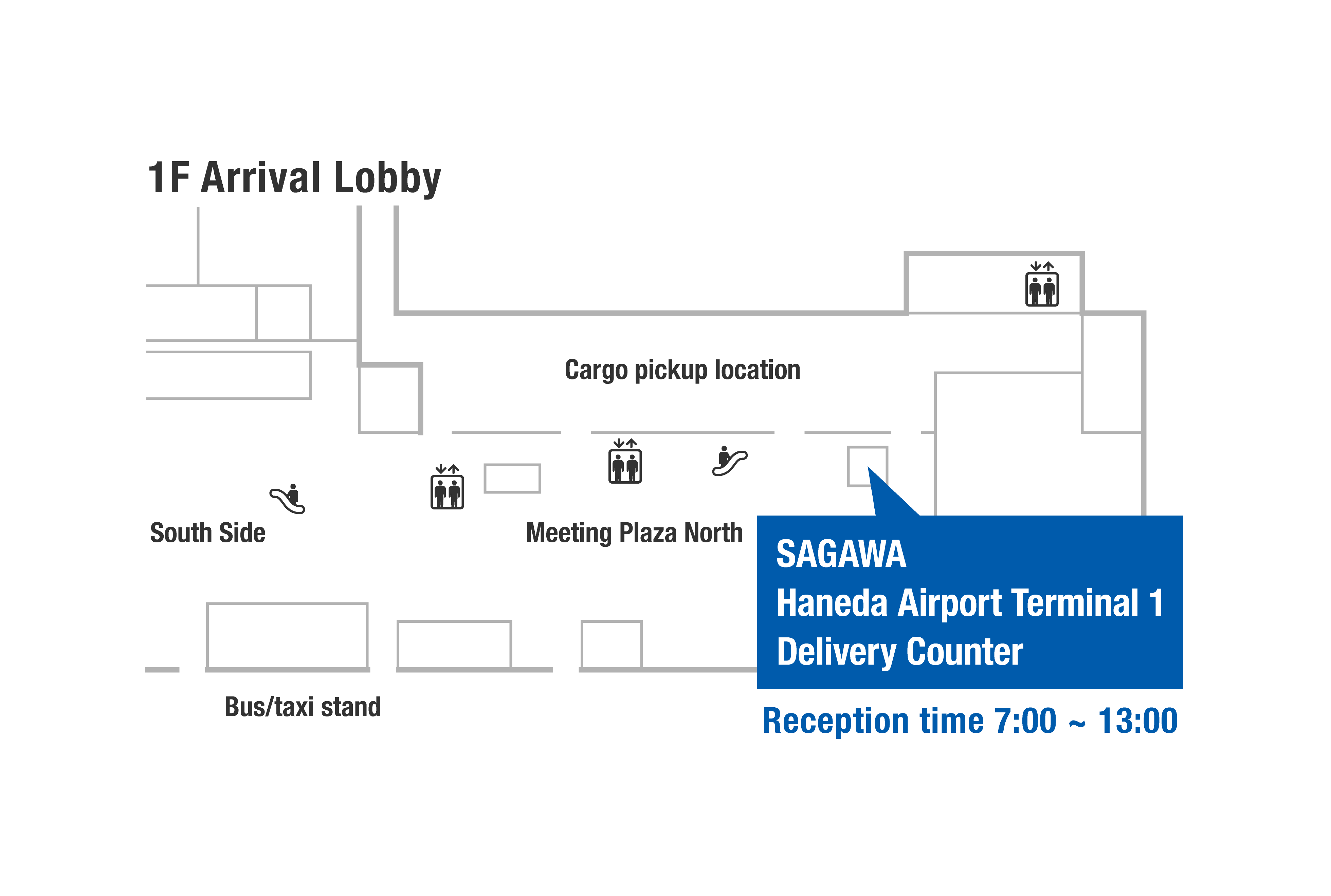 1F Arrival Lobby
Cargo pickup location
South Side
Meeting Plaza North
Bus/taxi stand
SAGAWA Haneda Airport Terminal 1 Delivery Counter
Reception time 7:00 ~ 13:00