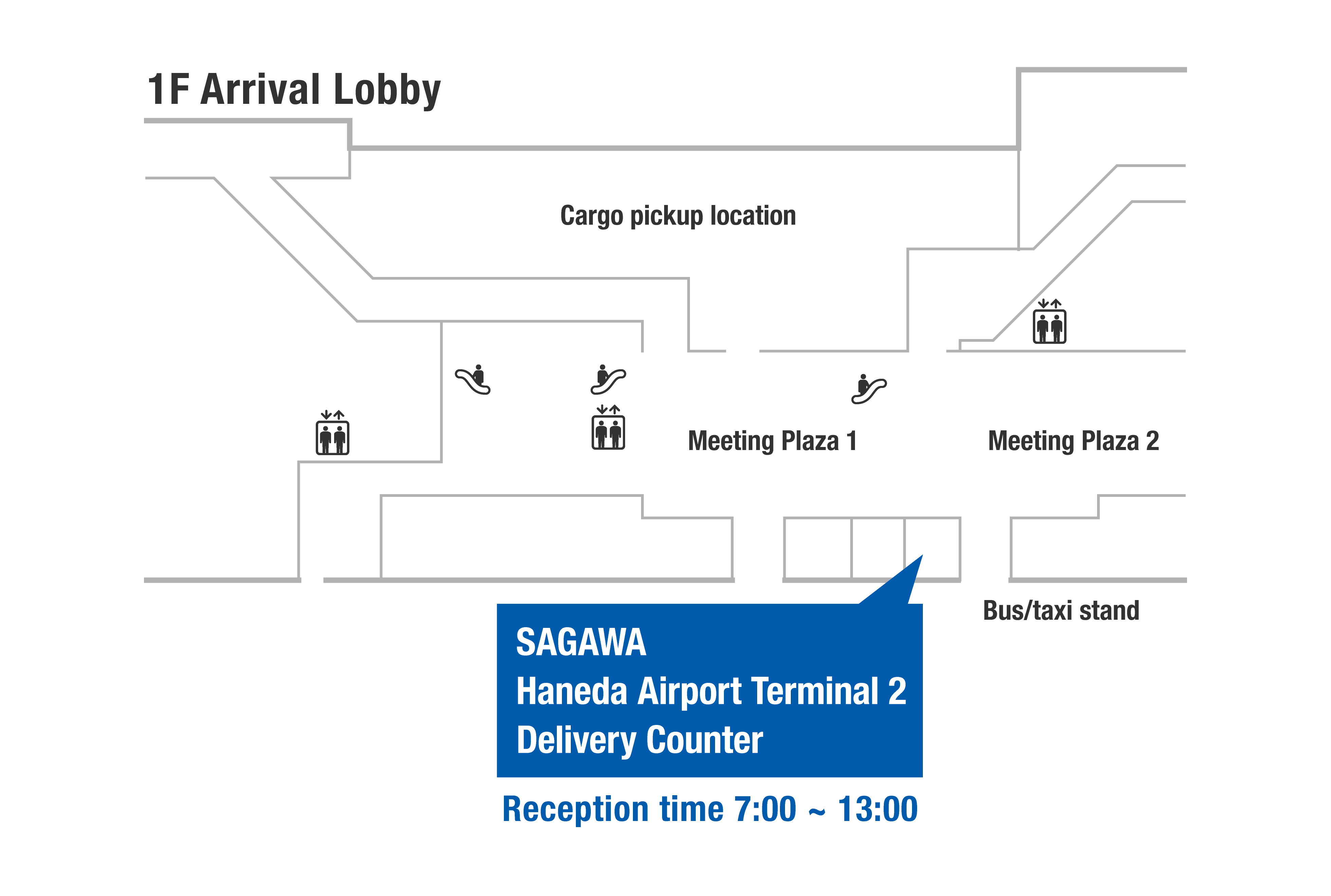 1F Arrival Lobby
Cargo pickup location
Meeting Plaza 1, Meeting Plaza 2
Bus/taxi stand
SAGAWA Haneda Airport Terminal 2 Delivery Counter
Reception time 7:00 ~ 13:00